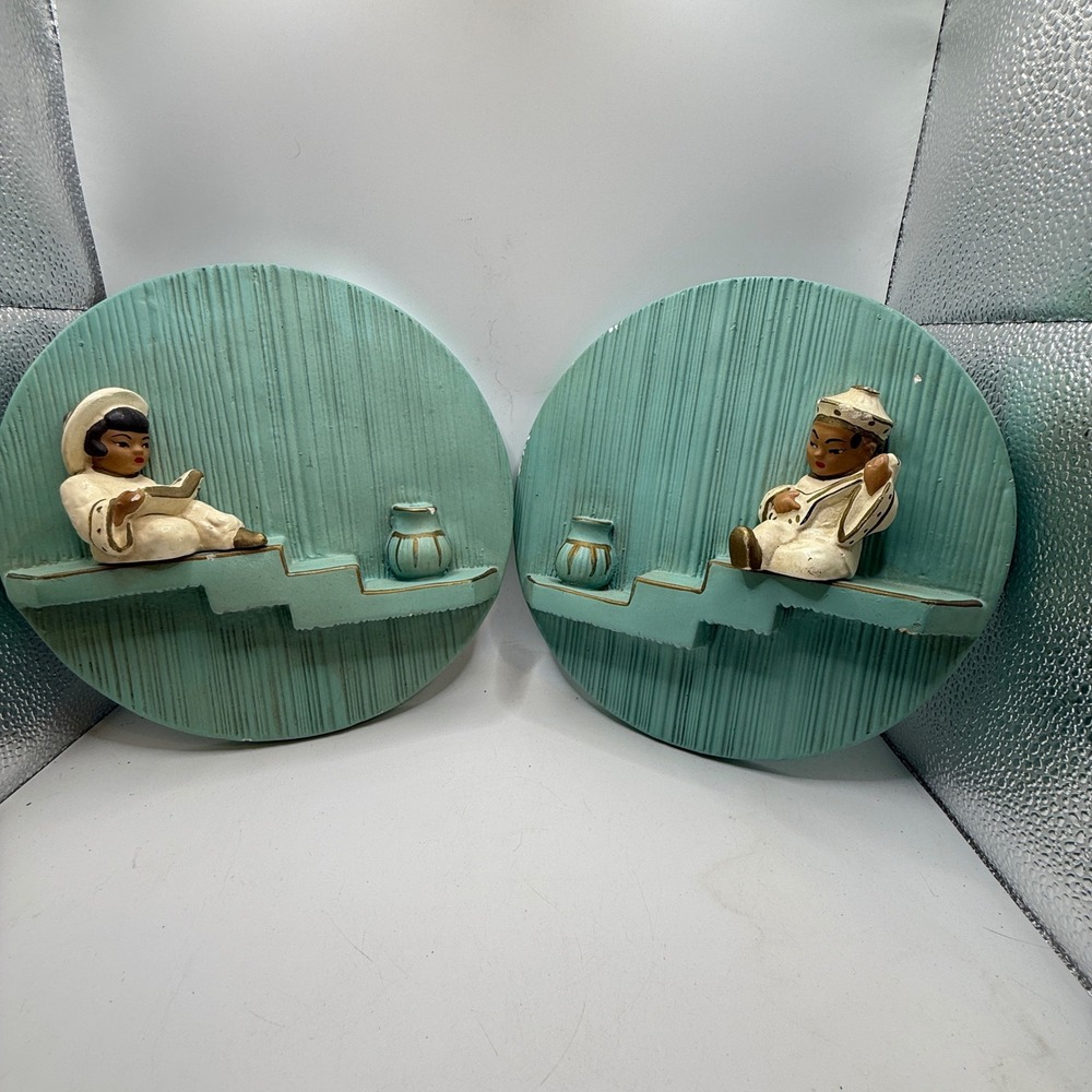 Vintage Mid Century Chalkware Wall Plaques Set of 2 Asian Figures Teal Gold 8.5"